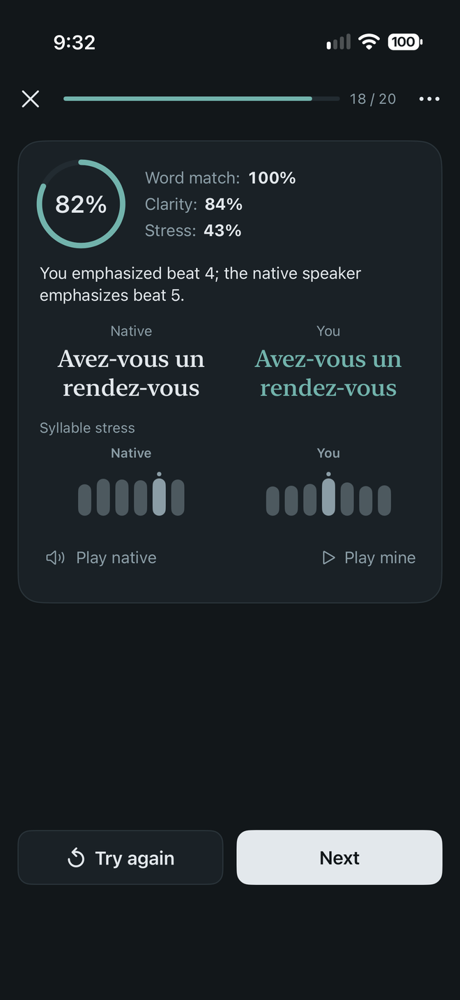 Dialog mode: a French sentence scored for word match, clarity and stress