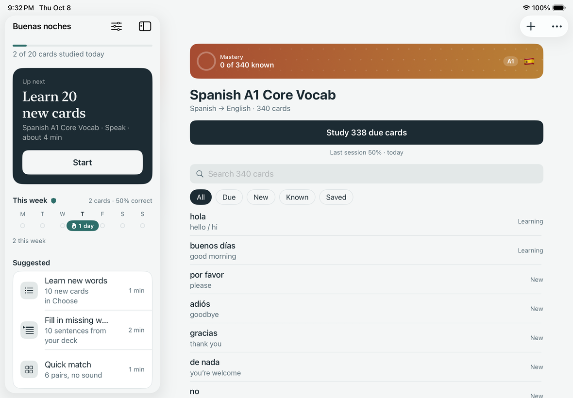 TurnCards on iPad: the Spanish A1 Core Vocab deck next to the Today sidebar