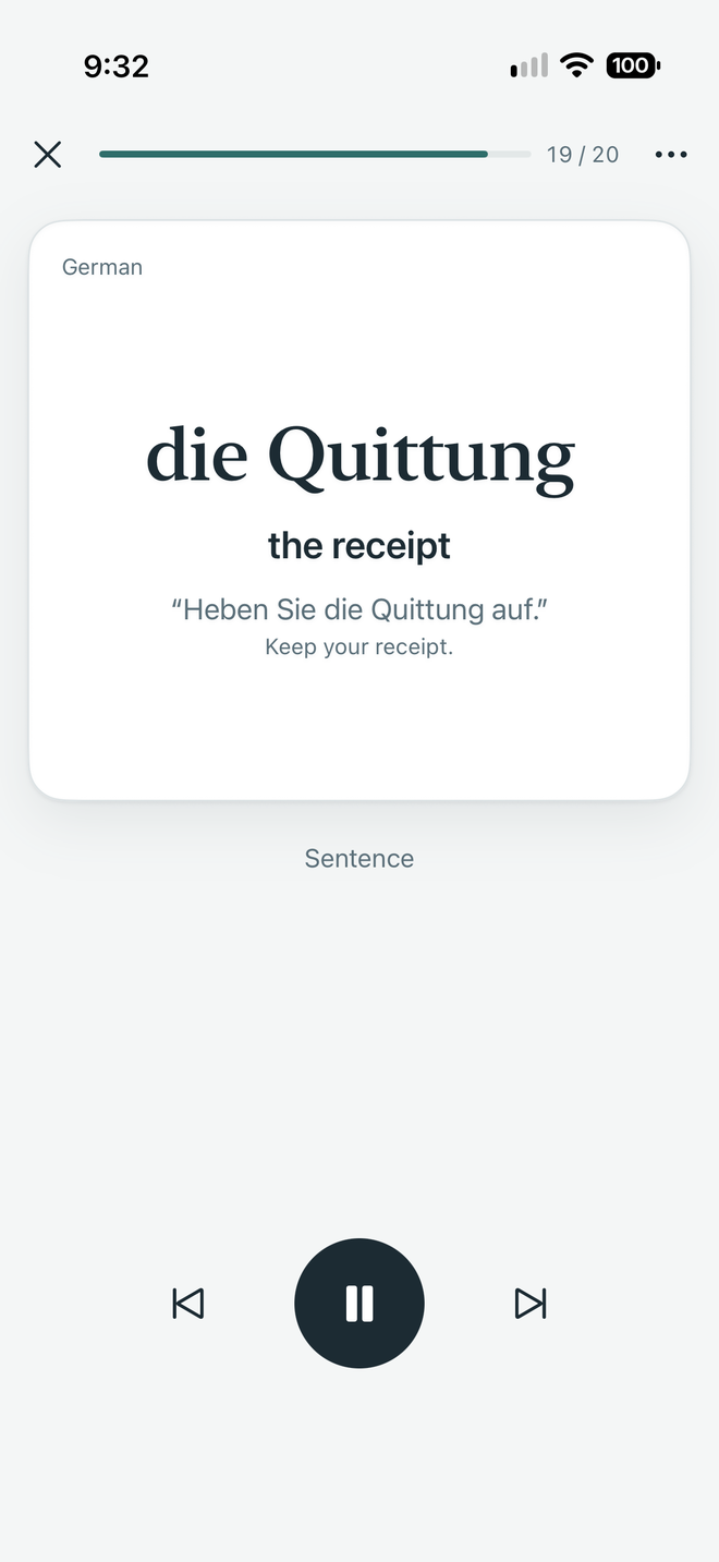 Hands-free Listen mode in German: die Quittung, the receipt, with an example sentence
