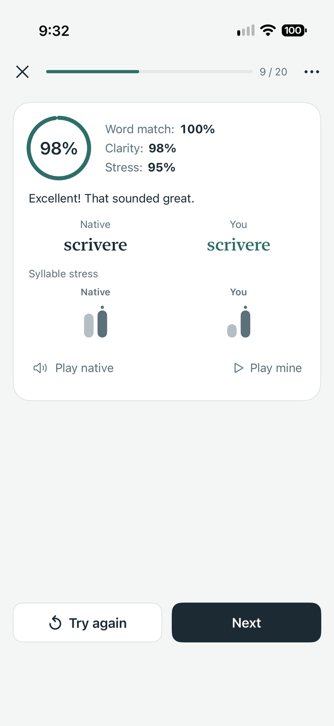 Pronunciation score in Italian: scrivere, 98 percent