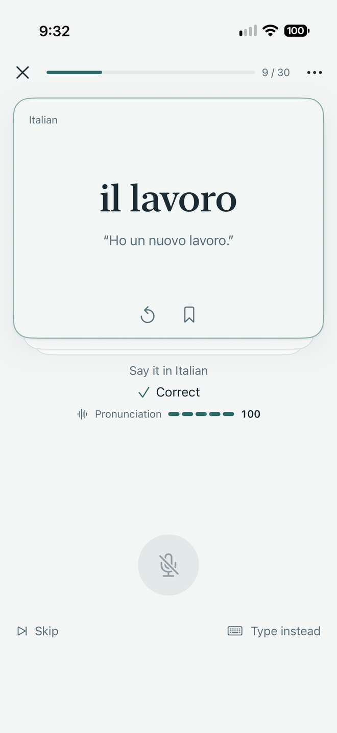 Speak mode in Italian: il lavoro, graded correct with a pronunciation score of 100