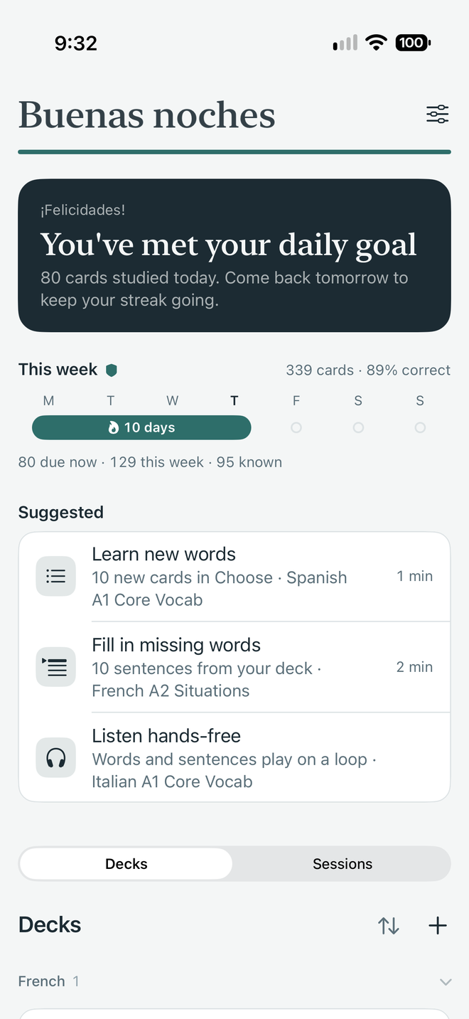 TurnCards Today screen: daily goal met, a 10-day streak and suggested sessions