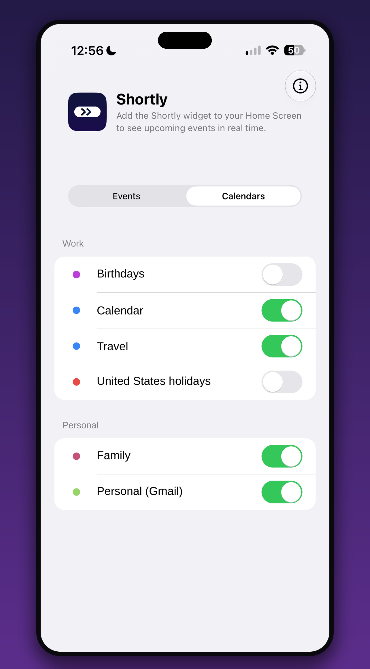 Shortly in-app calendar picker with per-calendar toggles grouped by account