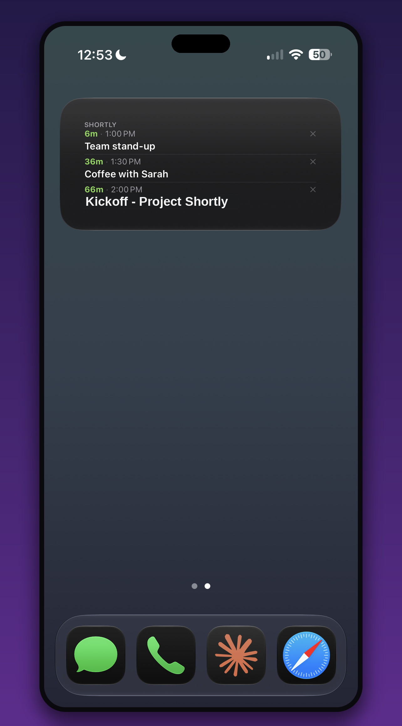 Shortly widget in dark mode showing live countdowns to upcoming events