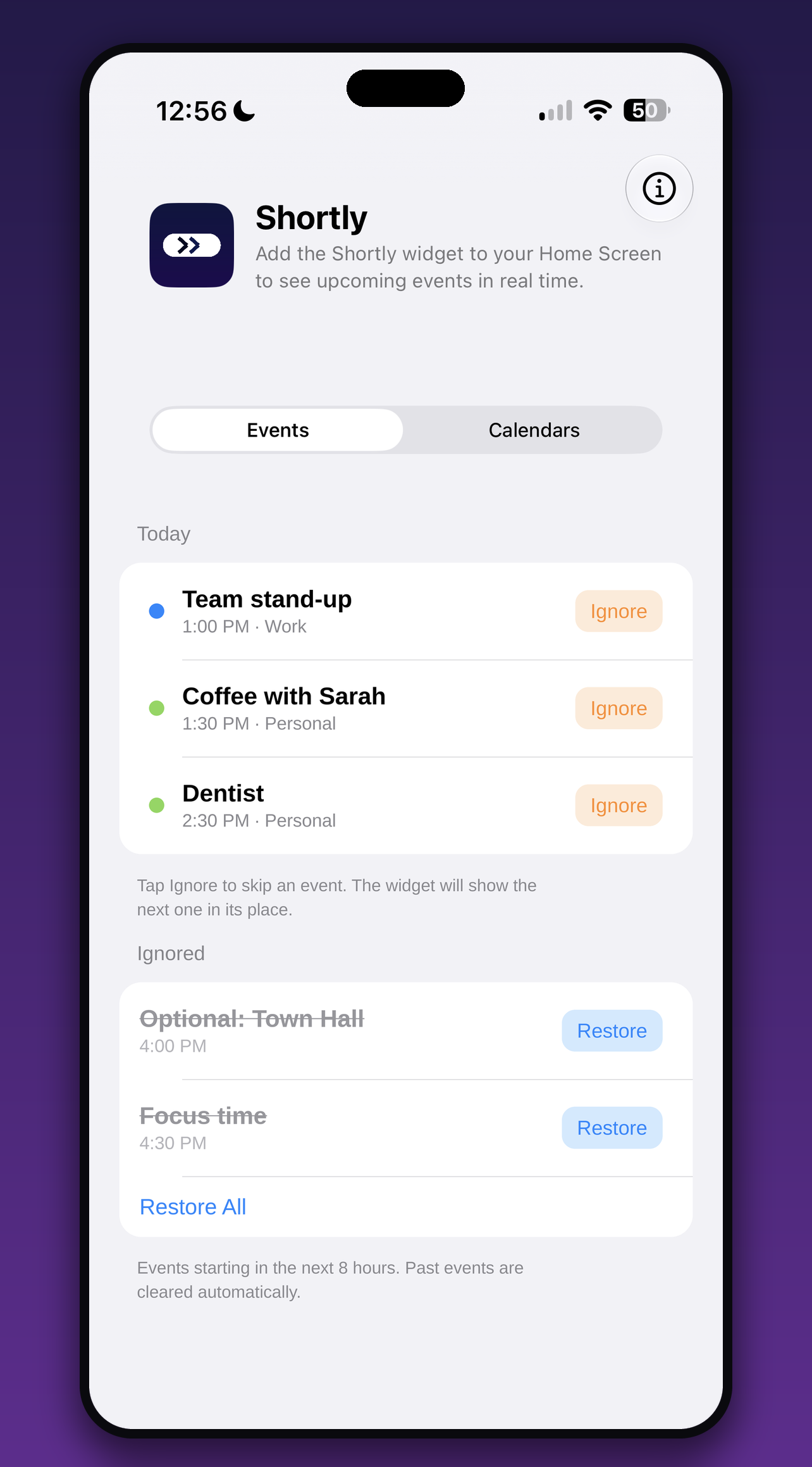 Shortly in-app events list with Ignore and Restore controls