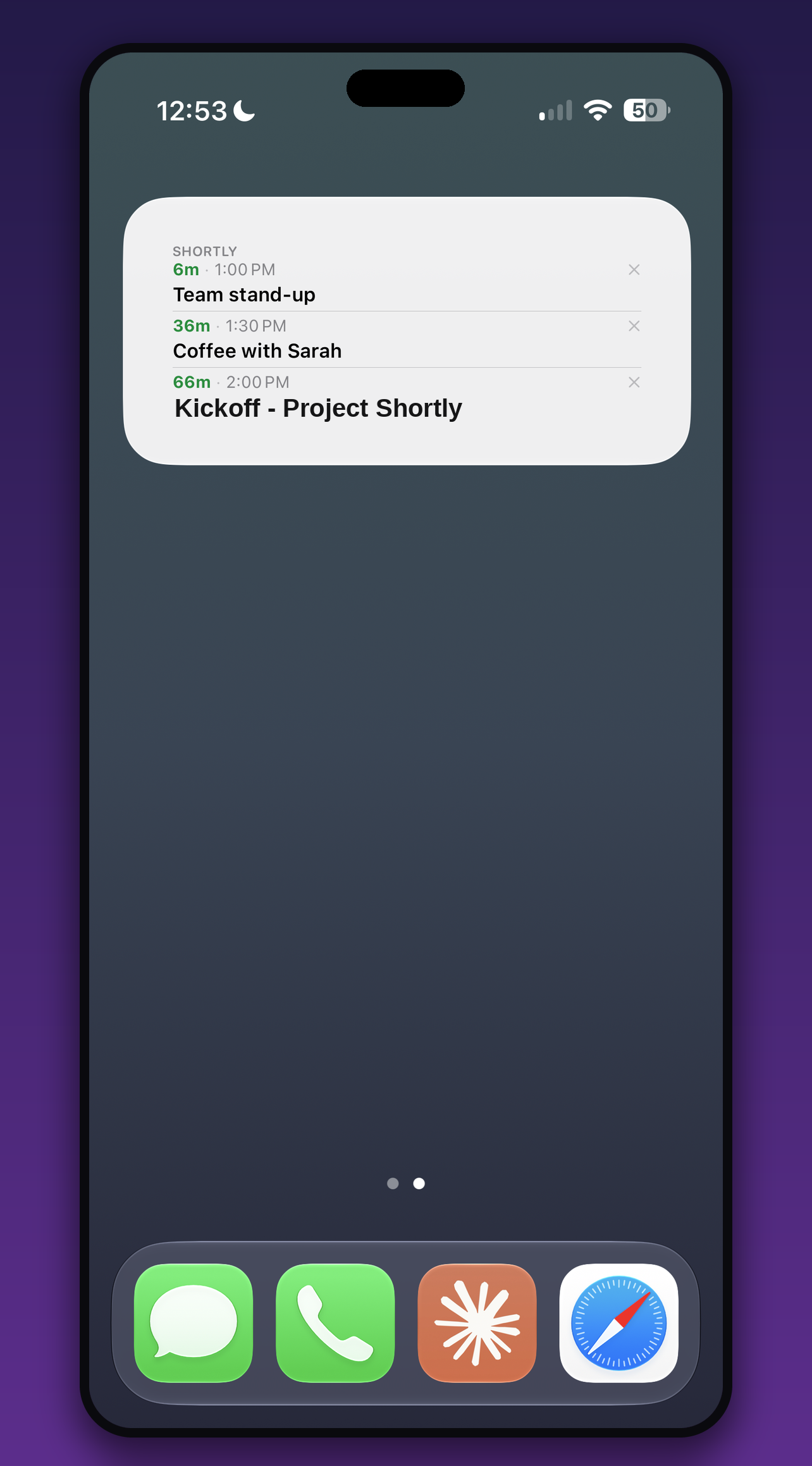 Shortly Home Screen widget showing the next three events with live countdowns