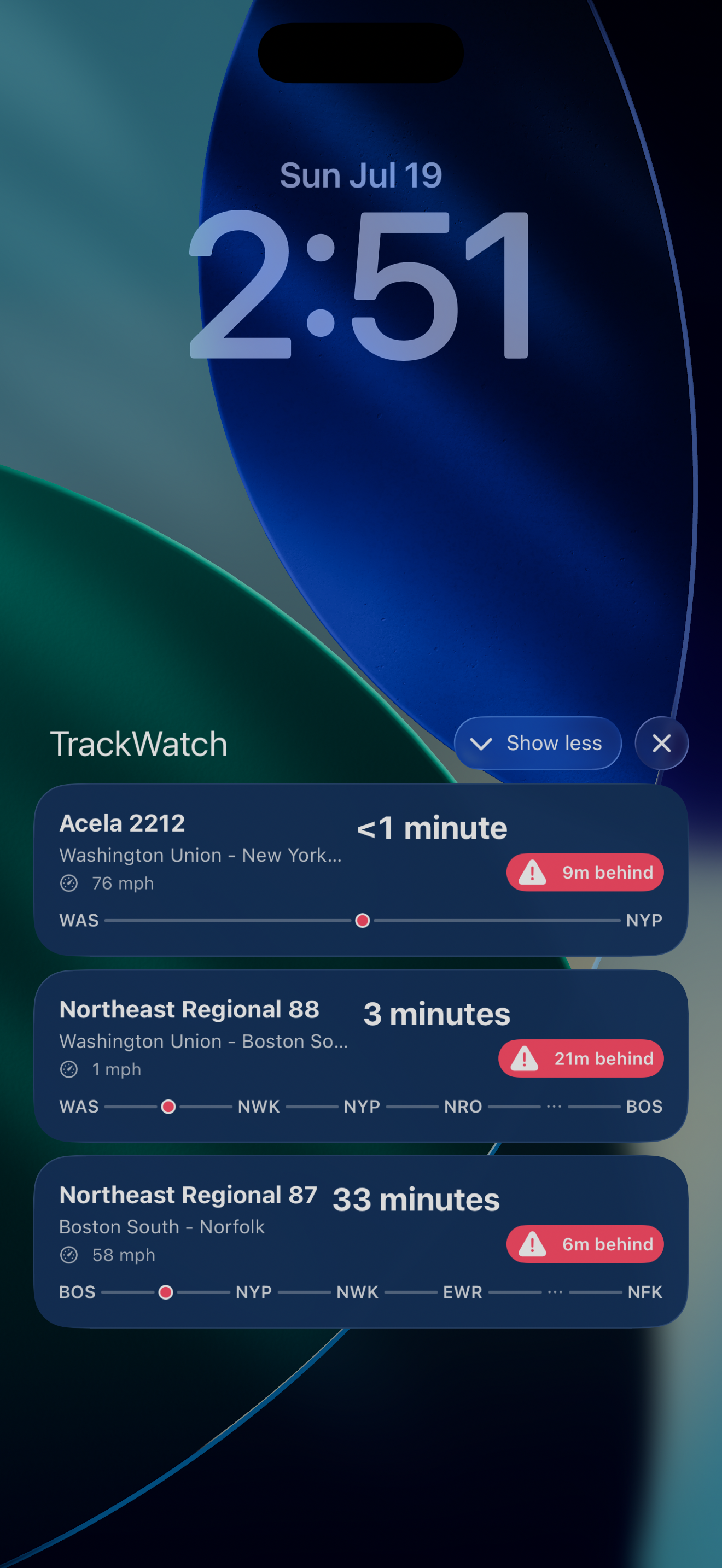 TrackWatch Lock Screen Live Activity showing a train's route line