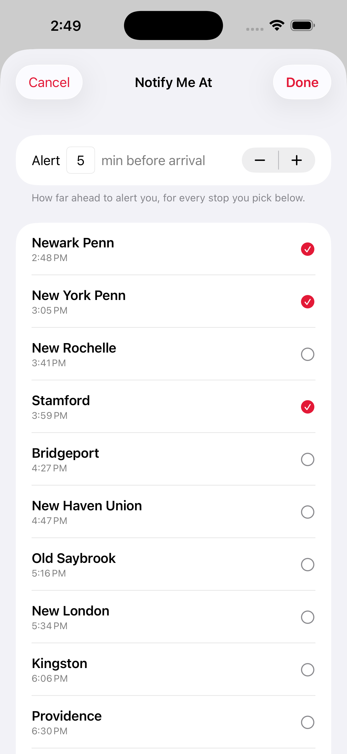 TrackWatch Notify Me multi-stop picker sheet